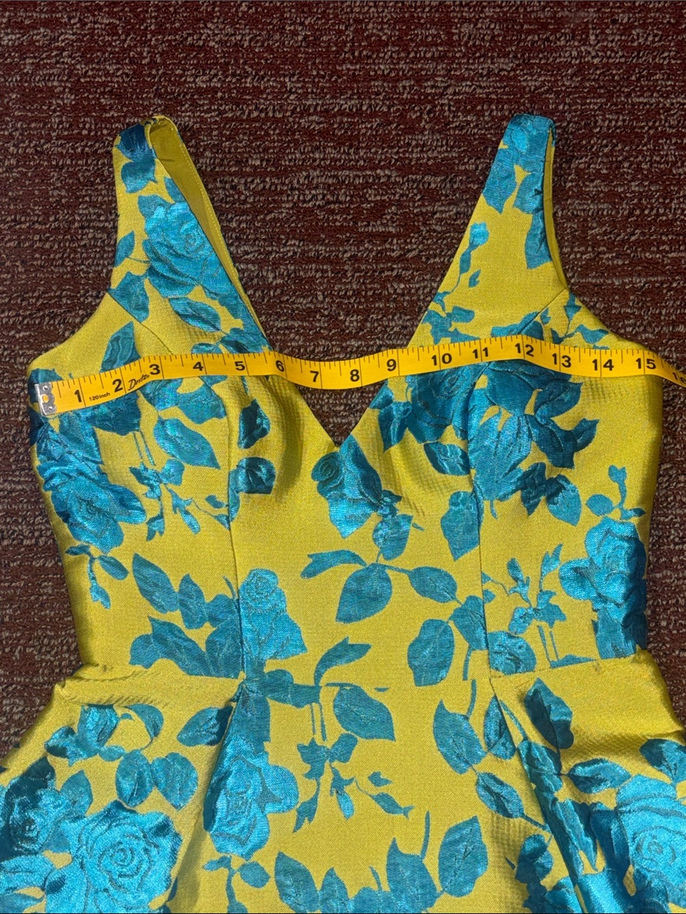Ieena dress deep v low back skater skirt damask chartreuse pleated full skirt 2 - Picture 9 of 12
